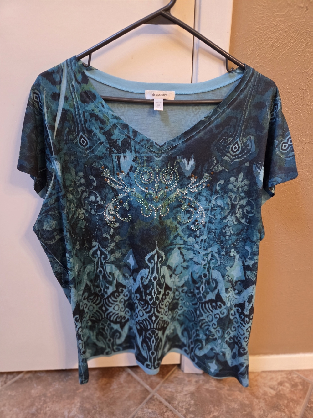dressbarn Teal & Navy Short Sleeve V-Neck Top with Crystal Detail